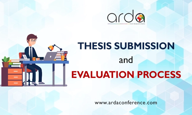 Banner image with a Researcher looking his laptop finding ways to "thesis submission and evaluation process"